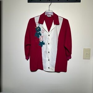 Vintage 80s Women’s Bowler Shirt Magenta and White